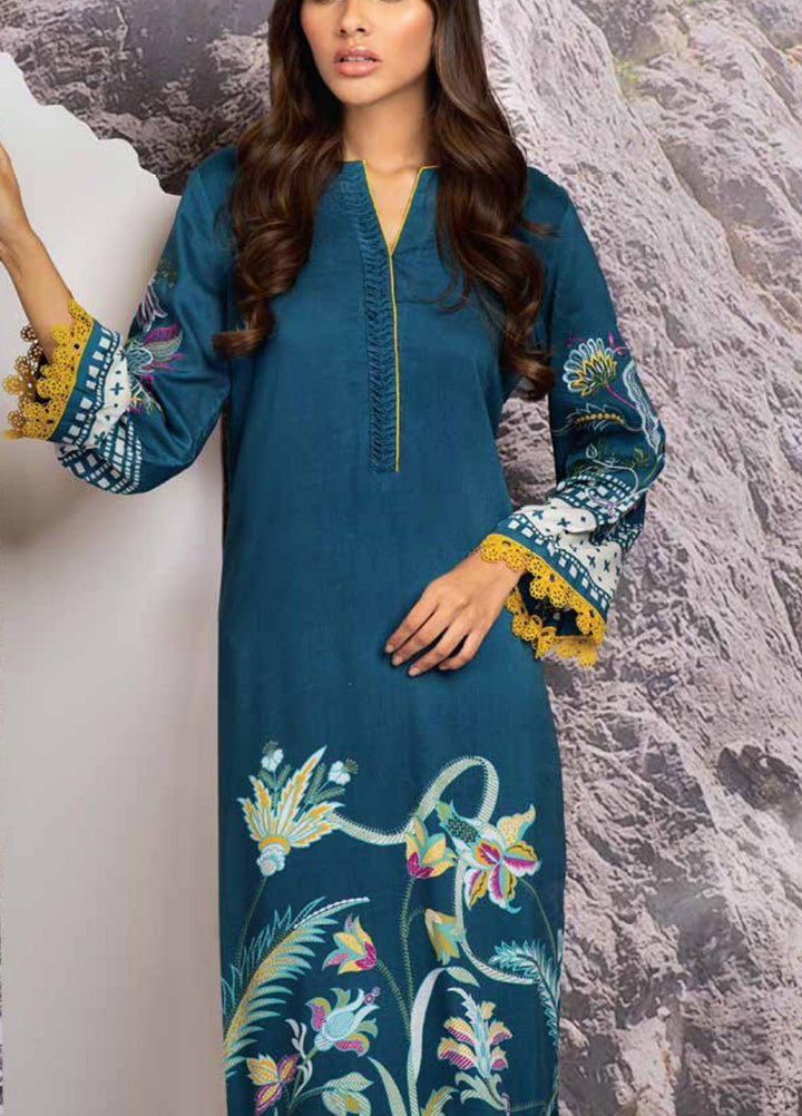 Al Karam Embroidered Viscose  Unstitched Kurties AK21W FW-45-21-Blue - Winter Collection