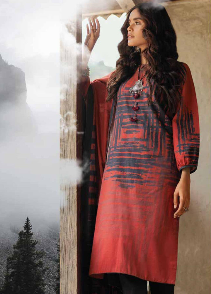 Al Karam Printed Khaddar Suits Unstitched 3 Piece AK21W FW-02-21 Red - Winter Collection