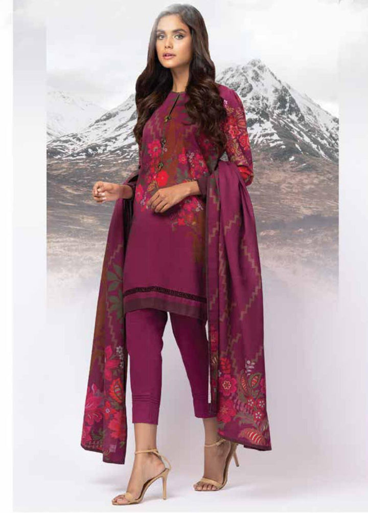 Al Karam Printed Khaddar Suits Unstitched 3 Piece AK21W FW-04-21 Maroon - Winter Collection