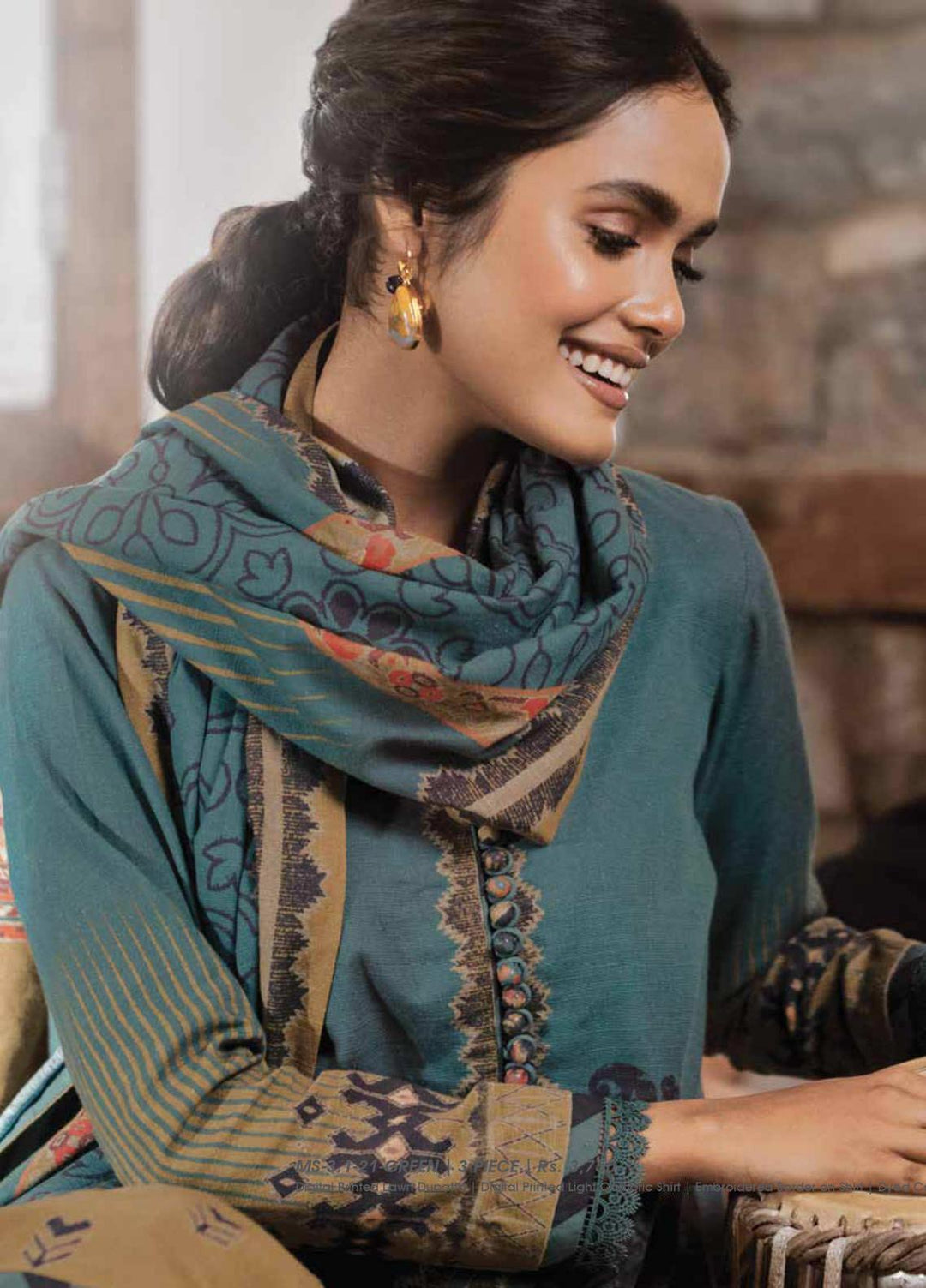 Al Karam Printed Khaddar Suits Unstitched 3 Piece AK21W FW-05-21 Turquoise - Winter Collection