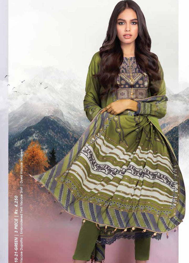 Al Karam Embroidered Twill Viscose Suits Unstitched 3 Piece AK21W FW-10-21 Green - Winter Collection