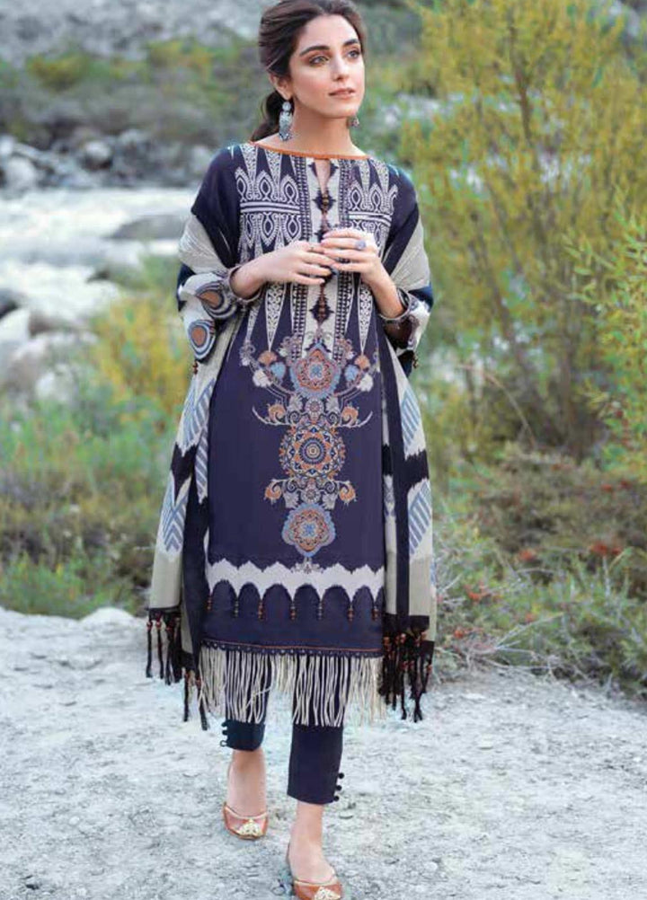 Al Karam Printed Viscose Suits Unstitched 3 Piece AK21W FW-17-21 Navy Blue - Winter Collection