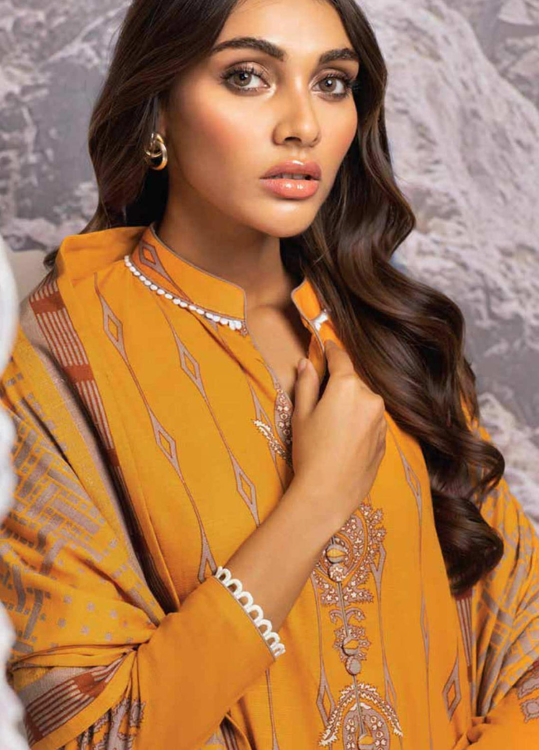 Al Karam Printed Khaddar Suits Unstitched 3 Piece AK21W FW-26-21 Mustard - Winter Collection