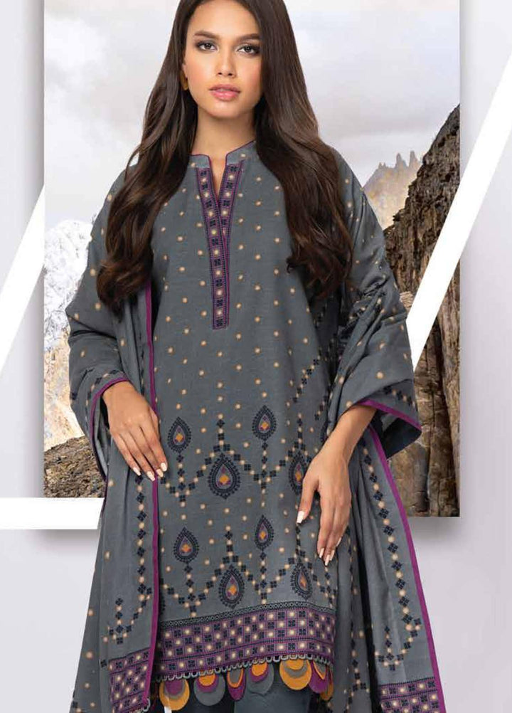Al Karam Printed Khaddar Suits Unstitched 3 Piece AK21W FW-3.1-21 Grey - Winter Collection