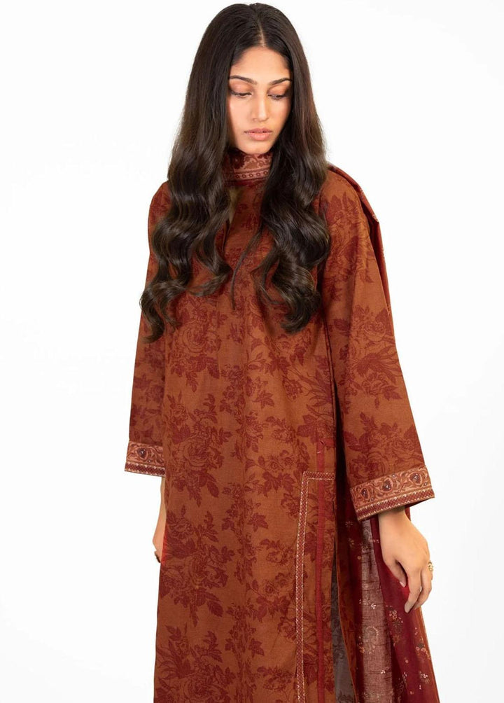 Al Karam Printed Khaddar Suits Unstitched 3 Piece AK22W FW-14.1-22-Rust - Winter Collection