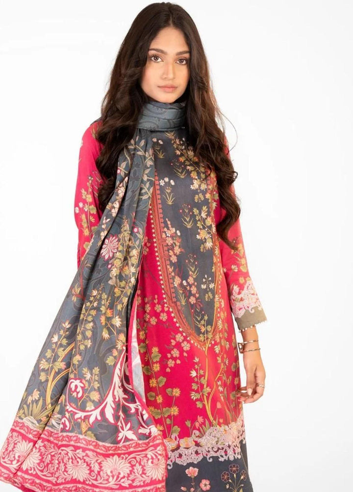 Al Karam Printed Marina Suits Unstitched 3 Piece AK22W FW-35.1-22-Hot Pink - Winter Collection
