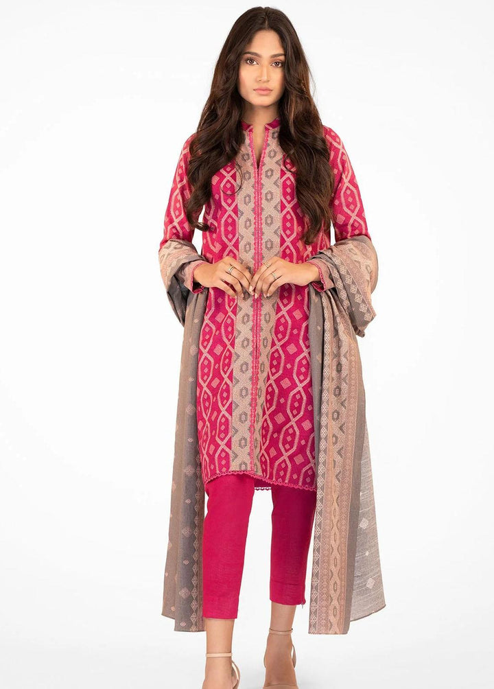 Al Karam Printed Khaddar Suits Unstitched 2 Piece AK22W FW-45.1-22-Hot Pink - Winter Collection