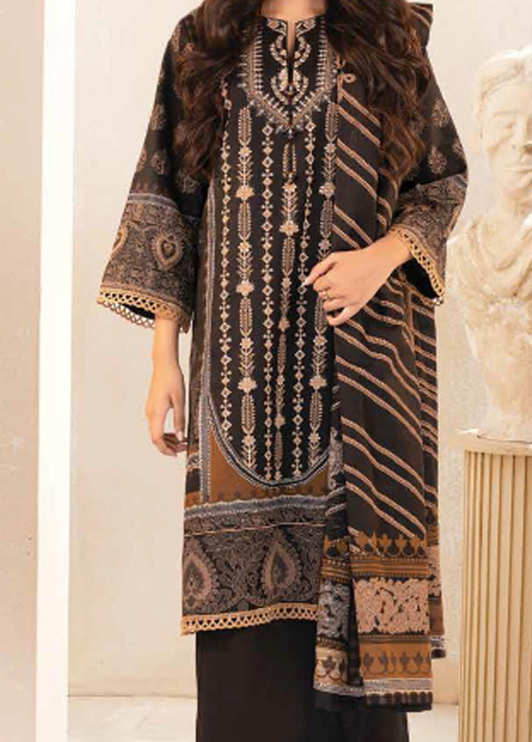 Al Karam Printed Khaddar Suits Unstitched 2 Piece AK22W FW-54.1-22-Black - Winter Collection