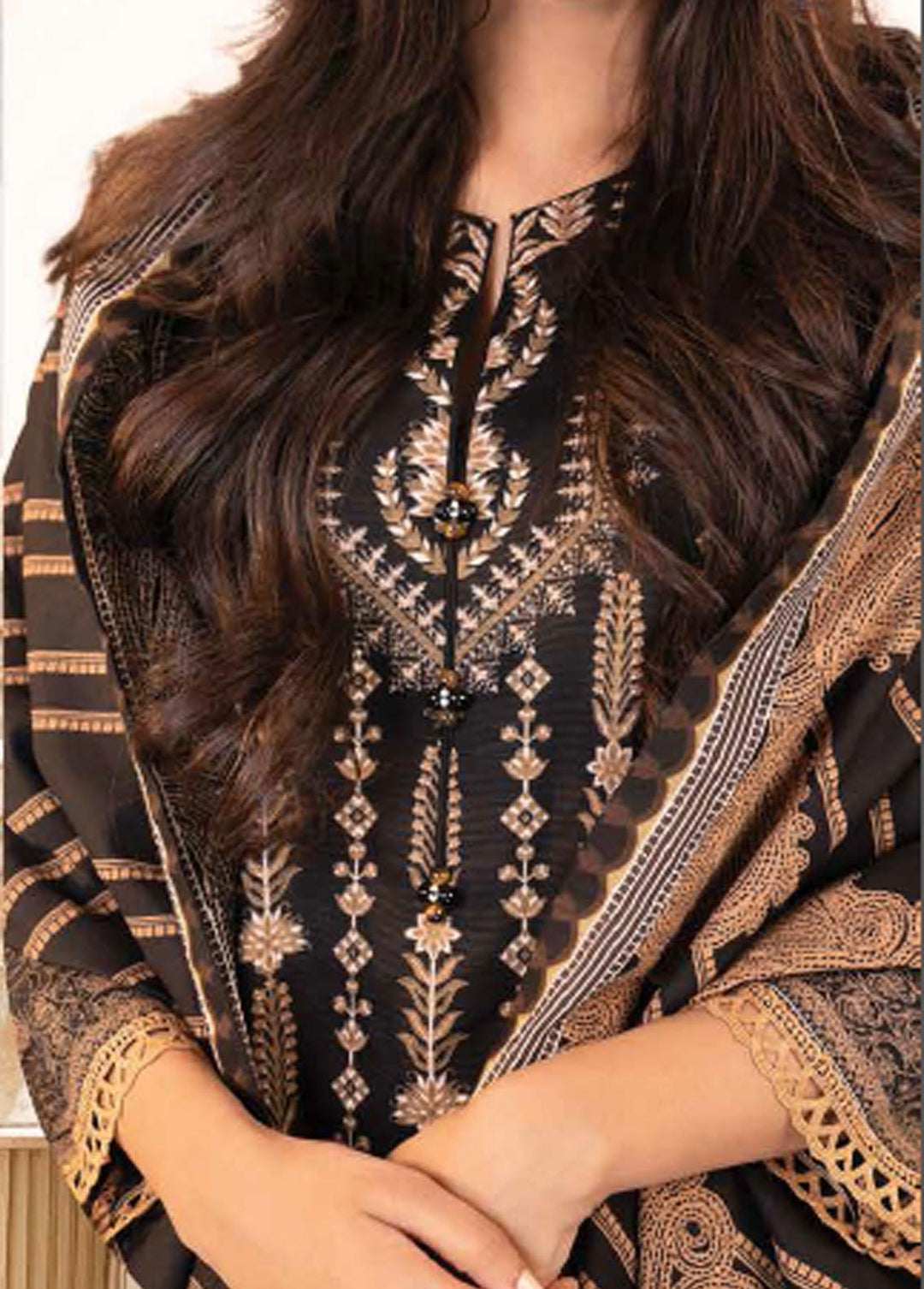 Al Karam Printed Khaddar Suits Unstitched 2 Piece AK22W FW-54.1-22-Black - Winter Collection