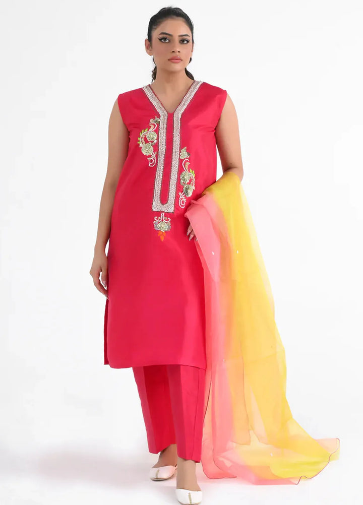 Alazffum Pret Embroidered Raw Silk 3 Piece Suit Fiery Rose - Womens
