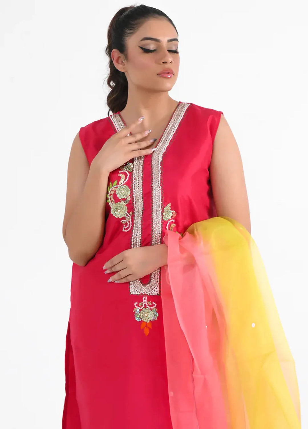Alazffum Pret Embroidered Raw Silk 3 Piece Suit Fiery Rose - Womens