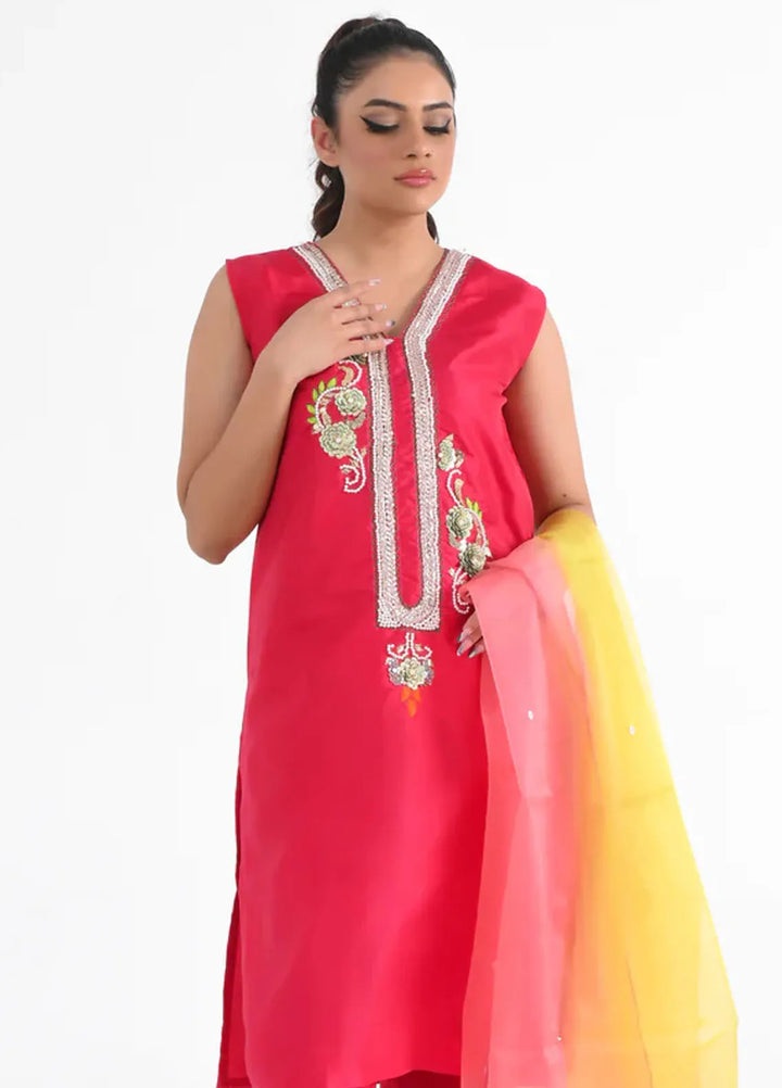 Alazffum Pret Embroidered Raw Silk 3 Piece Suit Fiery Rose - Womens