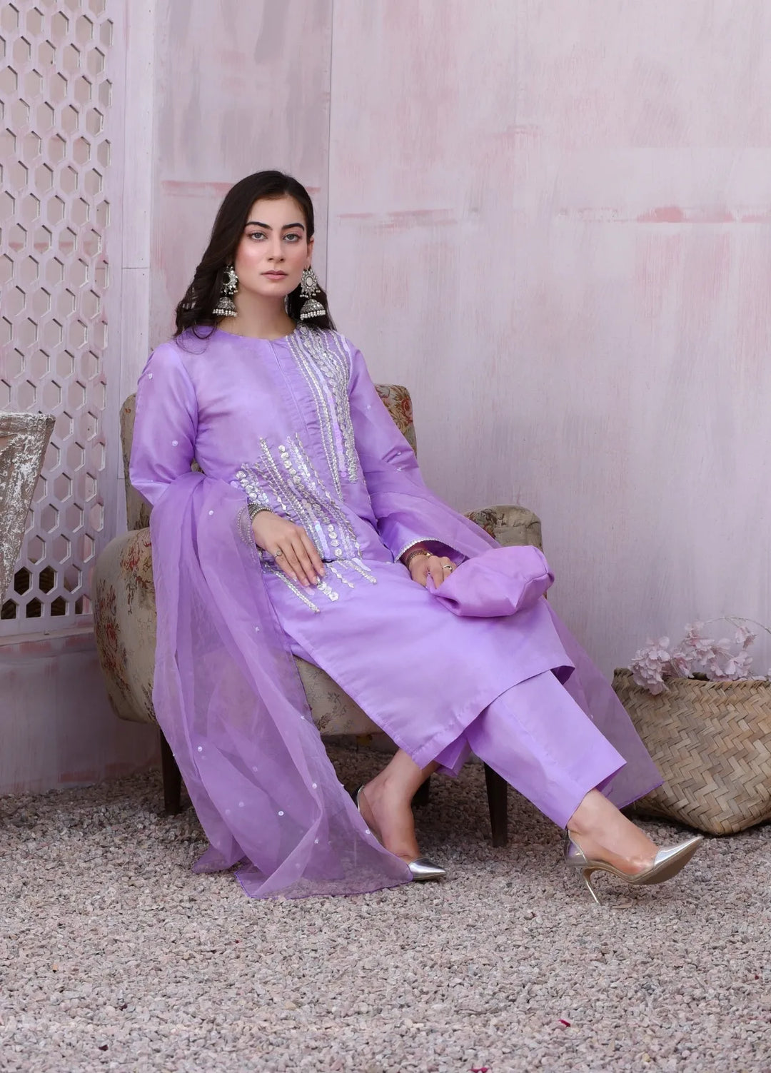 Alazffum Pret Embroidered Raw Silk 3 Piece Suit Lavender - Womens