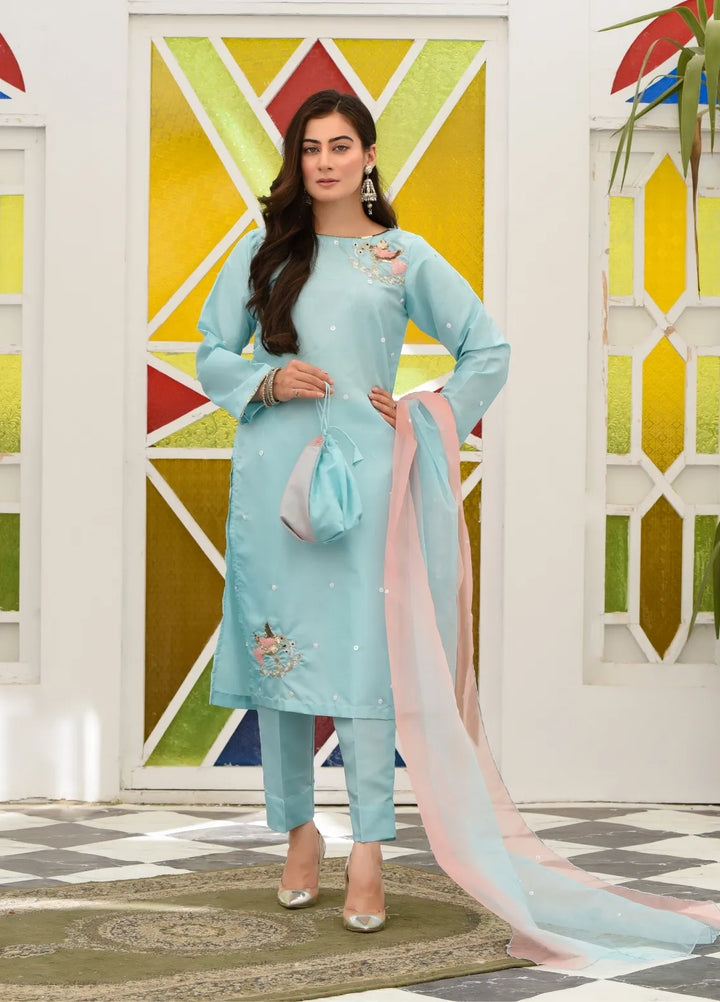 Alazffum Pret Embroidered Raw Silk 3 Piece Suit Pailed Turqouise - Womens