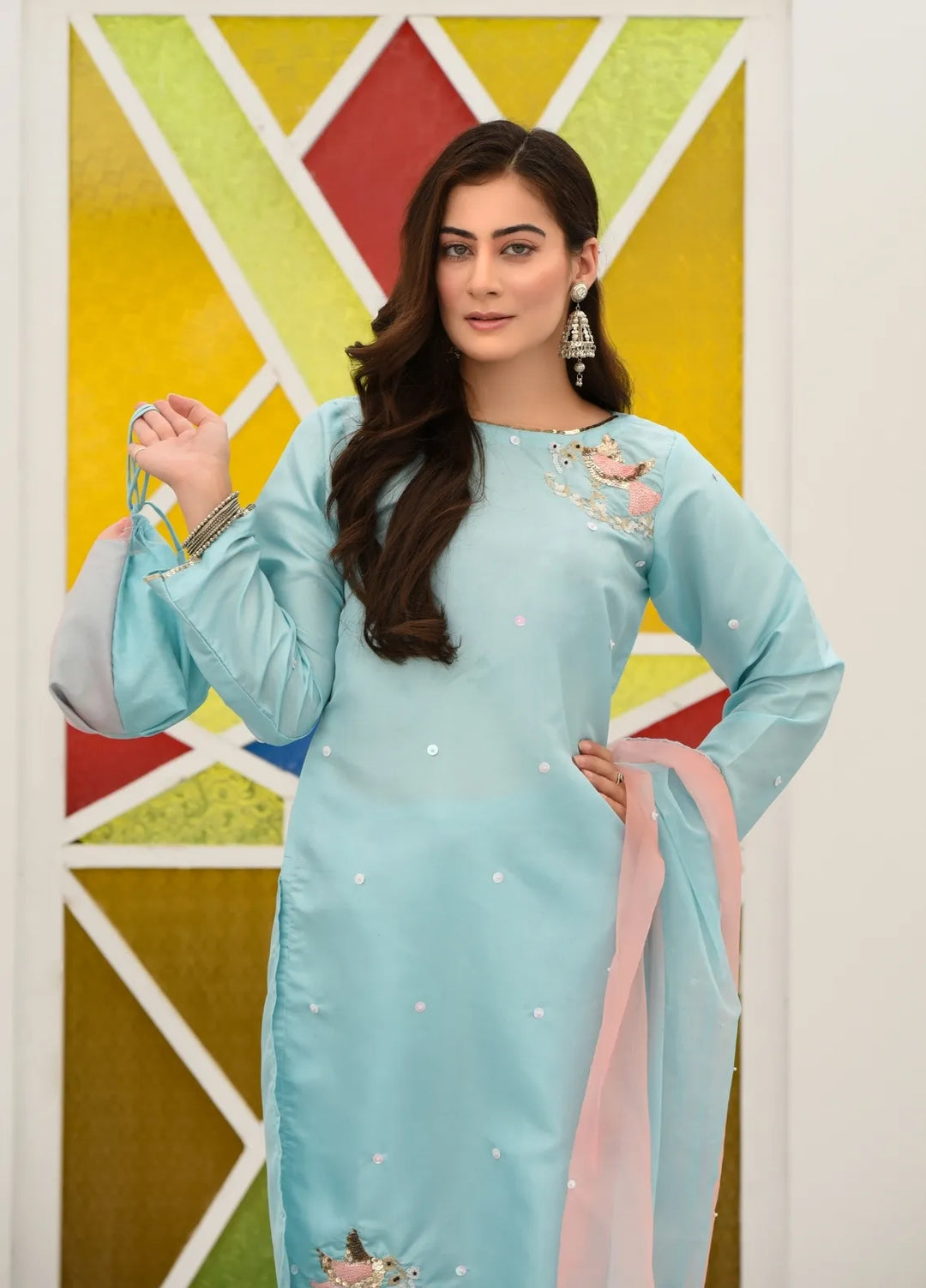 Alazffum Pret Embroidered Raw Silk 3 Piece Suit Pailed Turqouise - Womens