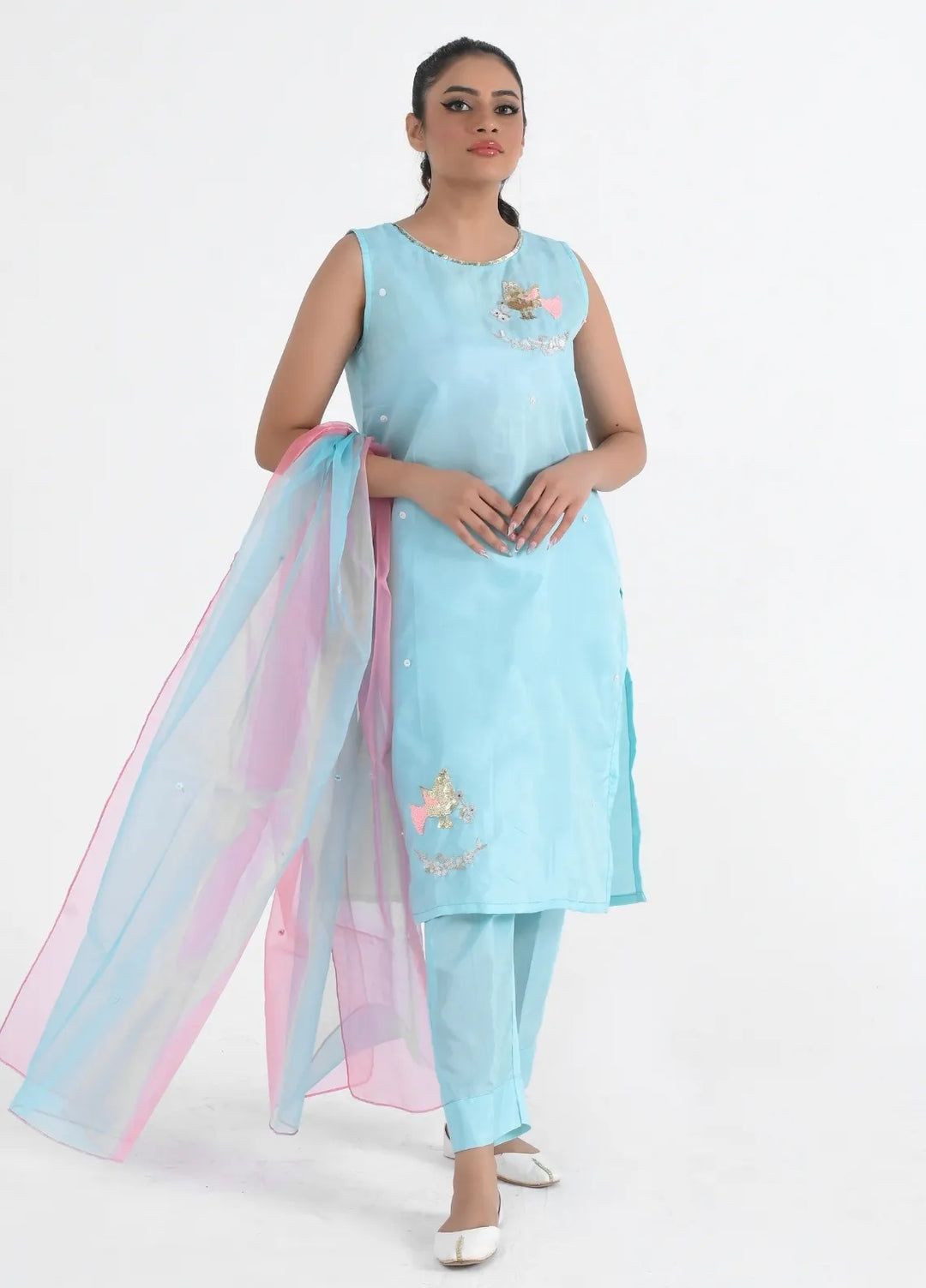 Alazffum Pret Embroidered Raw Silk 3 Piece Suit Pailed Turqouise - Womens