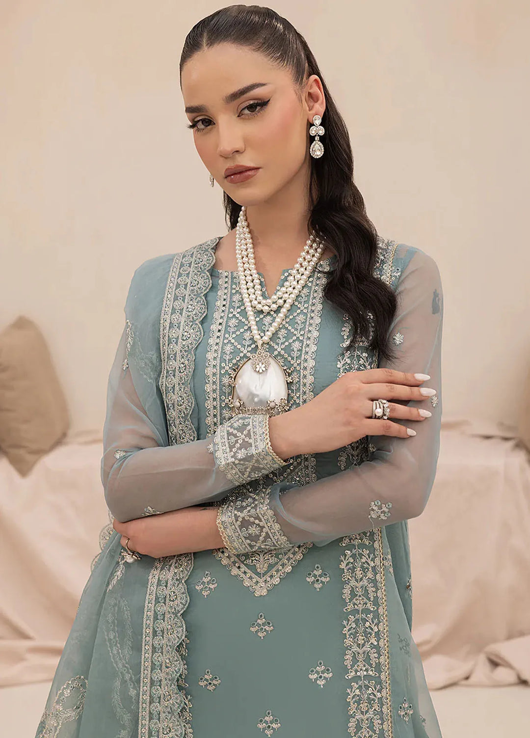Aleen Pret Embroidered Organza 3 Piece Suit Cristal