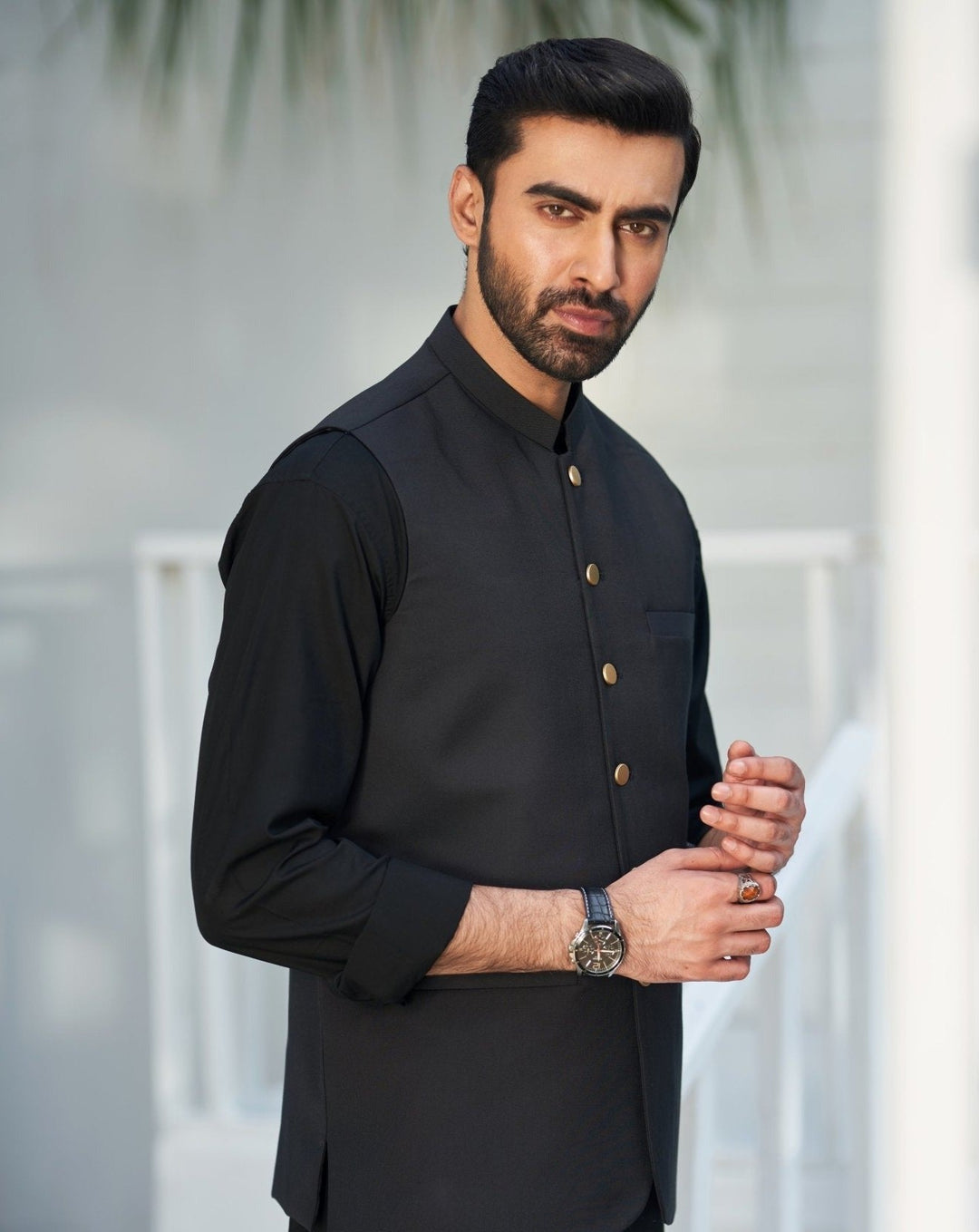 Muraqsh Ready To Wear Solids Cotton Men Black Kurta Trouser with Suiting Waistcoat Round Cut MUR-ABP-KS - Summer Collection