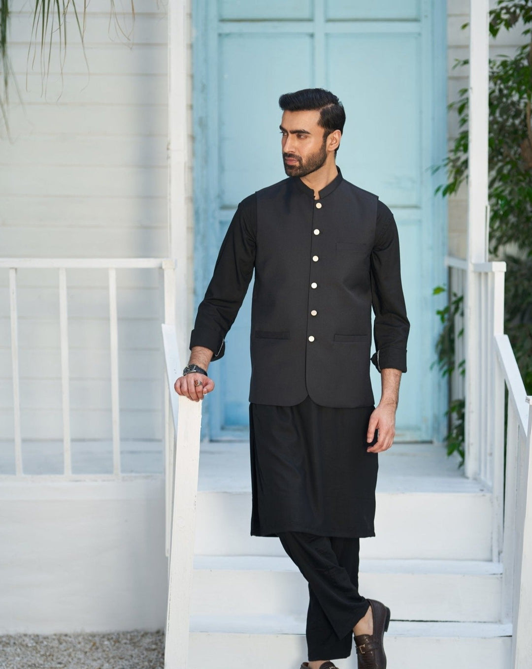 Muraqsh Ready To Wear Solids Cotton Men Black Kurta Trouser with Suiting Waistcoat Round Cut MUR-ABP-KS - Summer Collection
