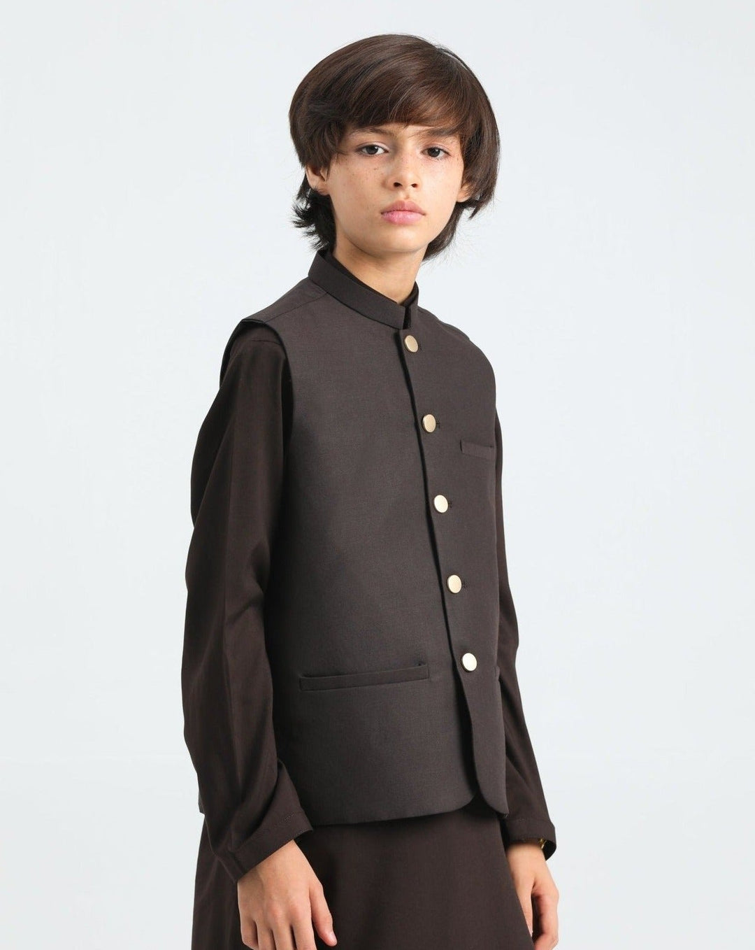 Muraqsh Ready To Wear Solids Cotton Boys Dark Brown Kurta Trouser with Suiting Waistcoat MUR-ADB - Summer Collection