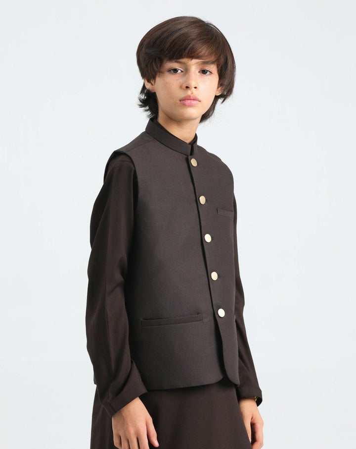 Muraqsh Ready To Wear Solids Cotton Boys Dark Brown Kurta Trouser with Suiting Waistcoat MUR-ADB - Summer Collection