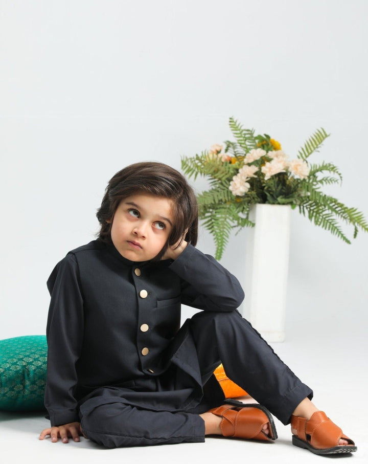 Muraqsh Ready To Wear Solids Cotton Boys Charcoal Grey Kurta Trouser with Suiting Waistcoat MUR-ACG3- - Summer Collection