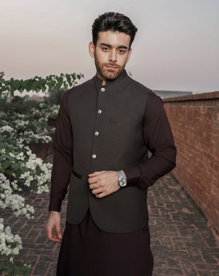 Muraqsh Ready To Wear Solids Cotton Men Dark Brown Kameez Shalwar with Suiting Waistcoat Round Cut MURB-KS - Summer Collection