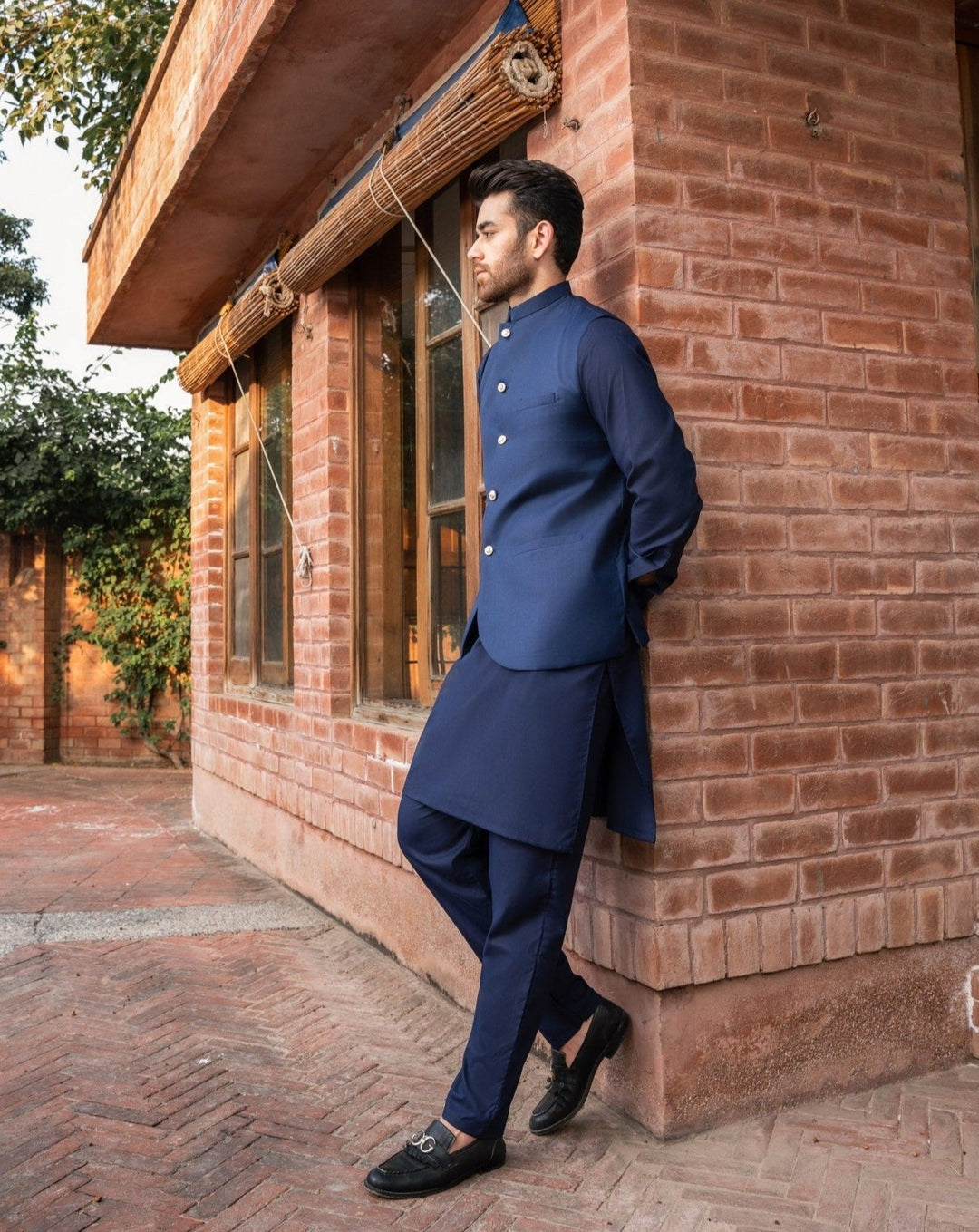 Muraqsh Ready To Wear Solids Cotton Men Navy Blue Kameez Shalwar with Suiting Waistcoat Round Cut MUR-ANB-KS - Summer Collection