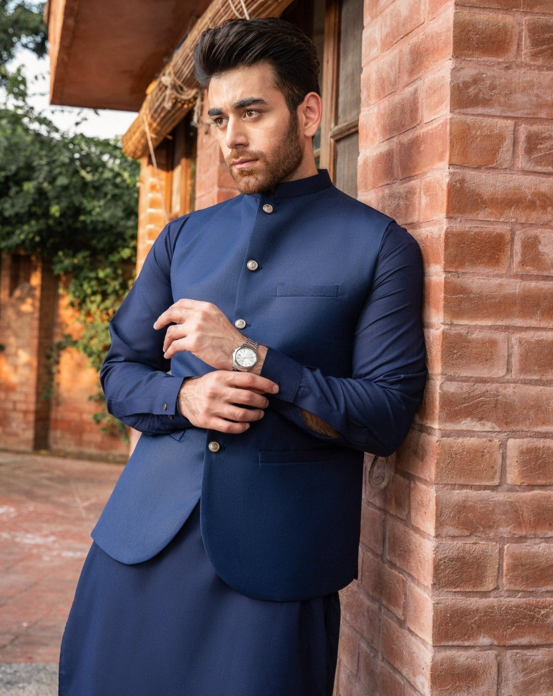 Muraqsh Ready To Wear Solids Cotton Men Navy Blue Kameez Shalwar with Suiting Waistcoat Round Cut MUR-ANB-KS - Summer Collection