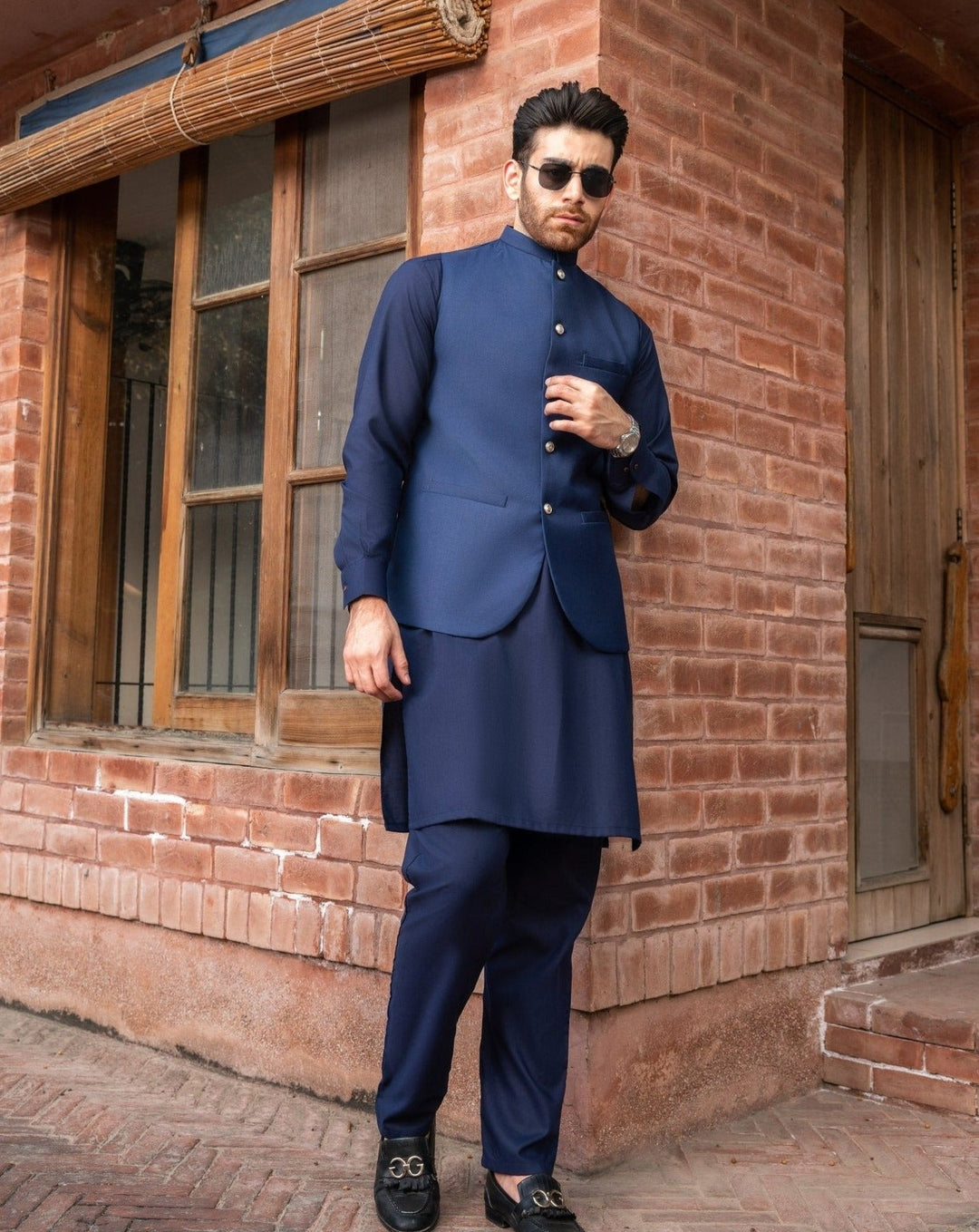 Muraqsh Ready To Wear Solids Cotton Men Navy Blue Kameez Shalwar with Suiting Waistcoat Round Cut MUR-ANB-KS - Summer Collection