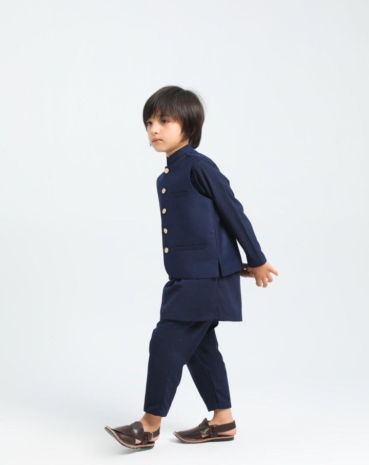 Muraqsh Ready To Wear Solids Cotton Boys Navy Blue Kurta Trouser with Suiting Waistcoat MUR-ANB - Summer Collection