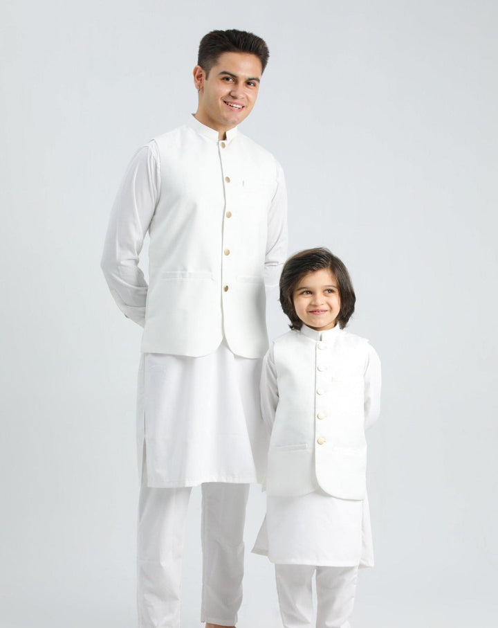 Muraqsh Ready To Wear Solids Cotton Men Off White Kameez Shalwar with Suiting Waistcoat Round Cut MUR-AOW-KS - Summer Collection