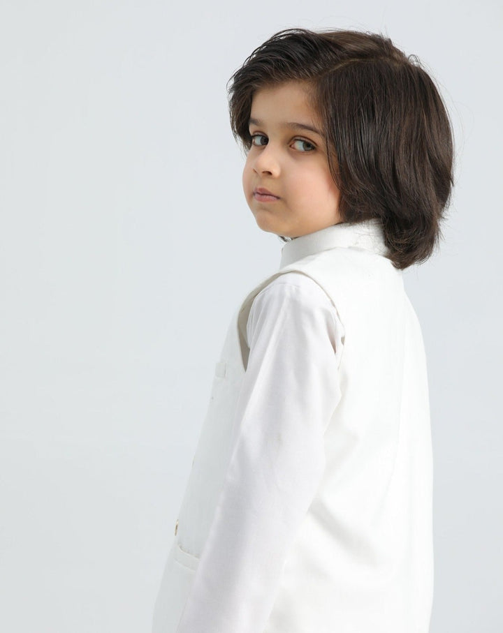 Muraqsh Ready To Wear Solids Cotton Boys Off White Kurta Trouser with Suiting Waistcoat MUR-AOW - Summer Collection