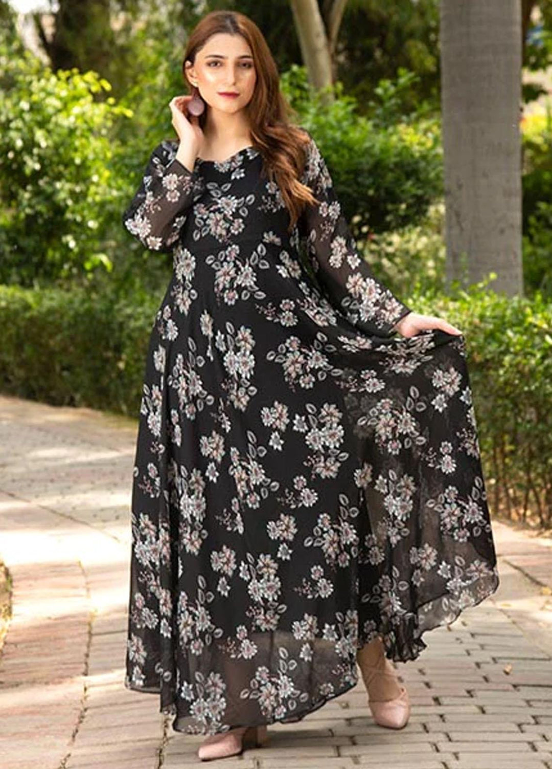 Pretty Ul Nazmina Printed Casual Chiffon Frock FR-675 Pretty In Black – Sanaulla ...