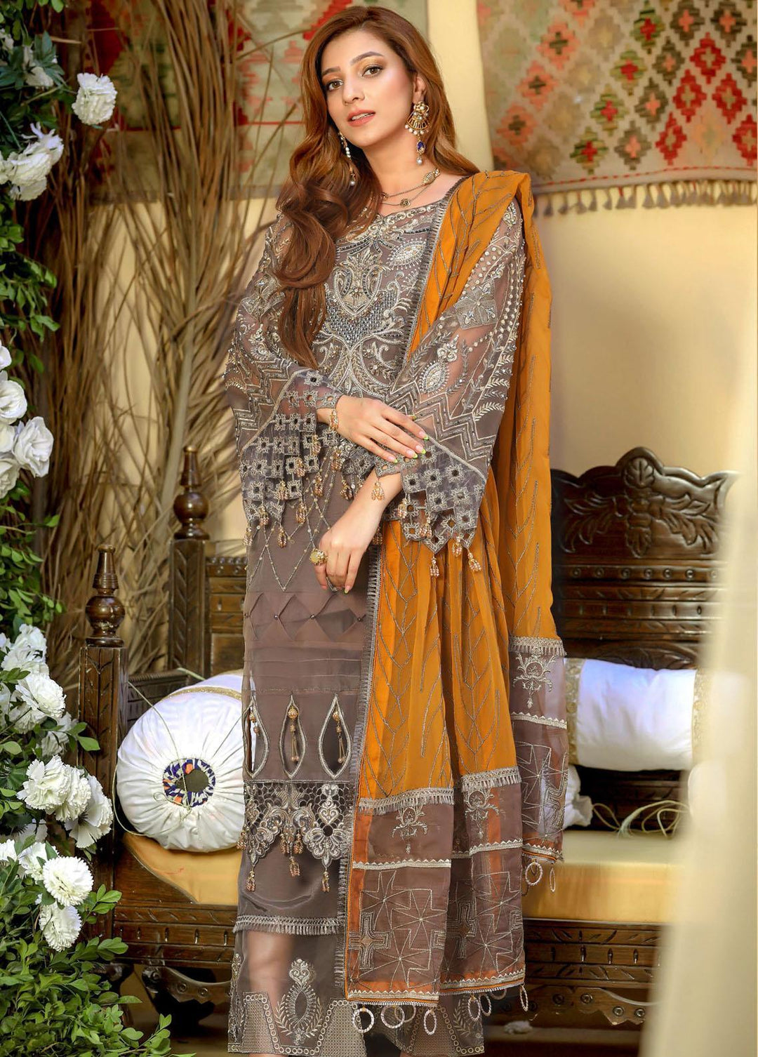 Areesha Embroidered  Suits Unstitched 3 Piece ARE22-P16 2 Brown Sugar - Premium Collection