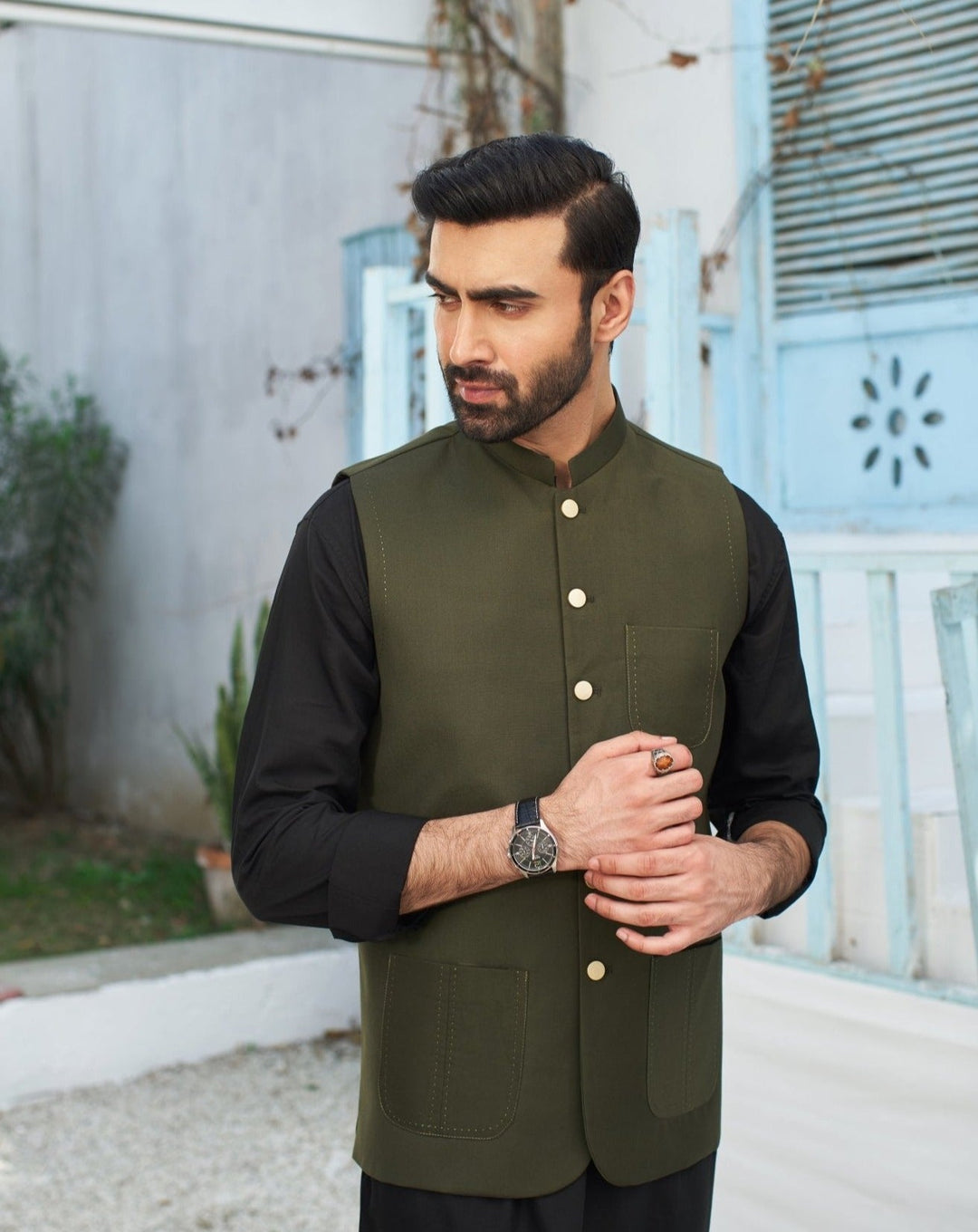 Muraqsh Ready To Wear Solids Cotton Men Black Kurta Trouser with Army Green Suiting Waistcoat Round Cut MURP-AG-KS - Summer Collection