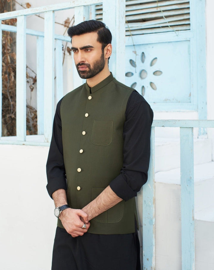 Muraqsh Ready To Wear Solids Cotton Men Black Kurta Trouser with Army Green Suiting Waistcoat Round Cut MURP-AG-KS - Summer Collection