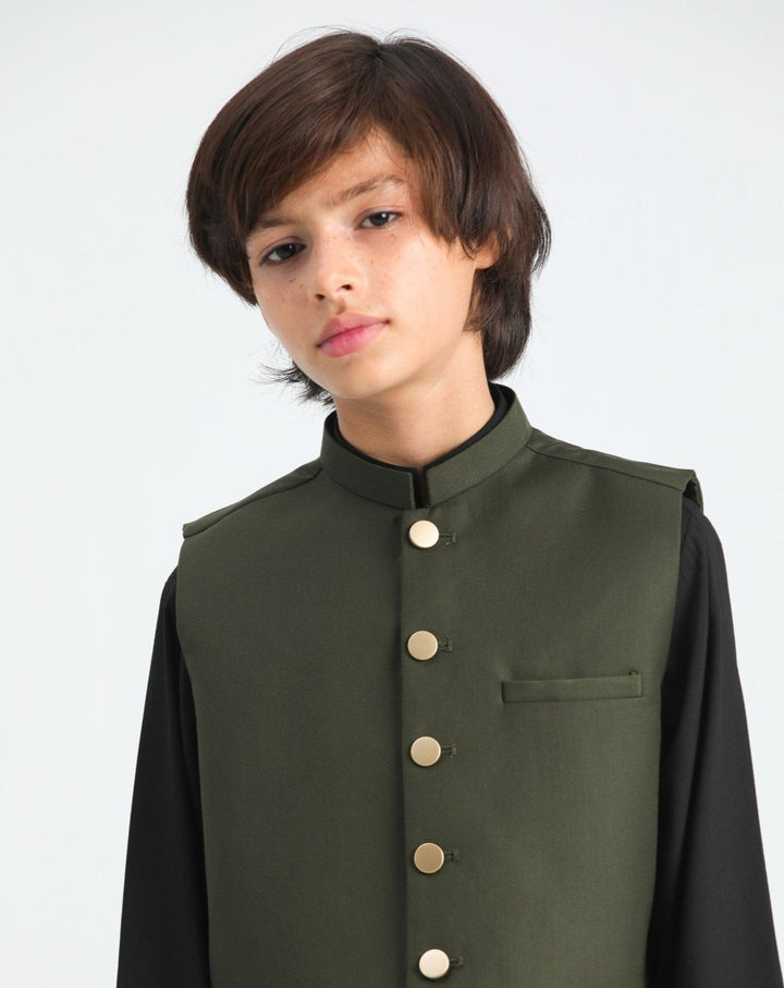 Muraqsh Ready To Wear Solids Cotton Boys Black Kurta Trouser with Army Green Suiting Waistcoat MUR-3P - Summer Collection