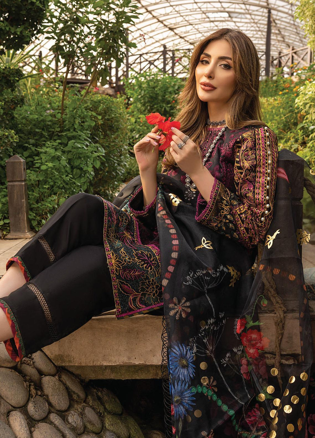 Arzoo by Humdum Embroidered Lawn Suits Unstitched 3 Piece HD22AZ D-02 Black Charm - Summer Collection