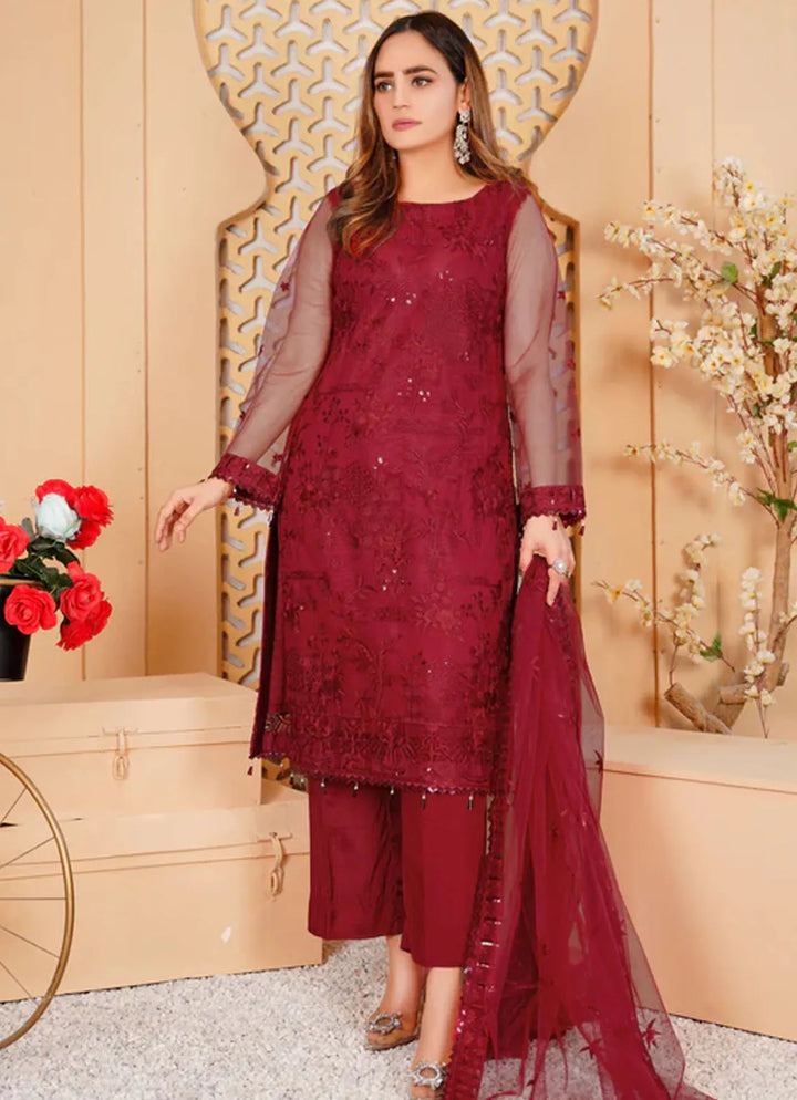 Arzoo By Layout Embroidered Net Suit Unstitched 4 Piece LO24A Red Stone - Festive Collection