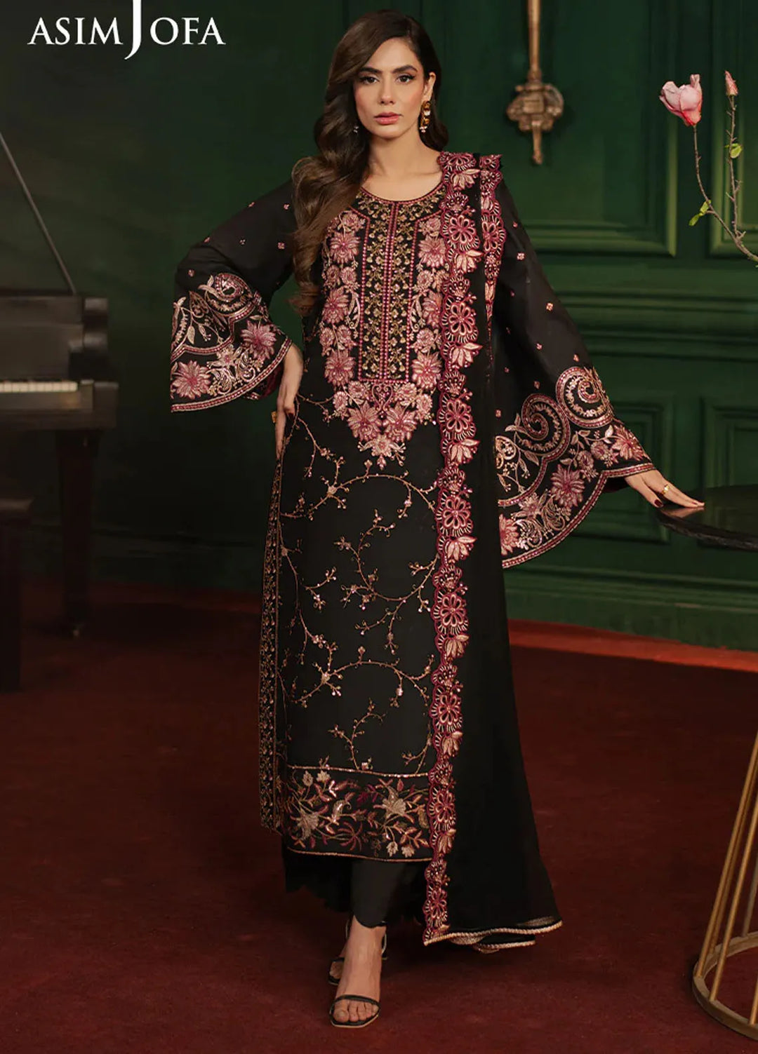 Asim Jofa Embroidered Silk Suits Unstitched 3 Piece AJ25PF AJPF-19 - Festive Collection