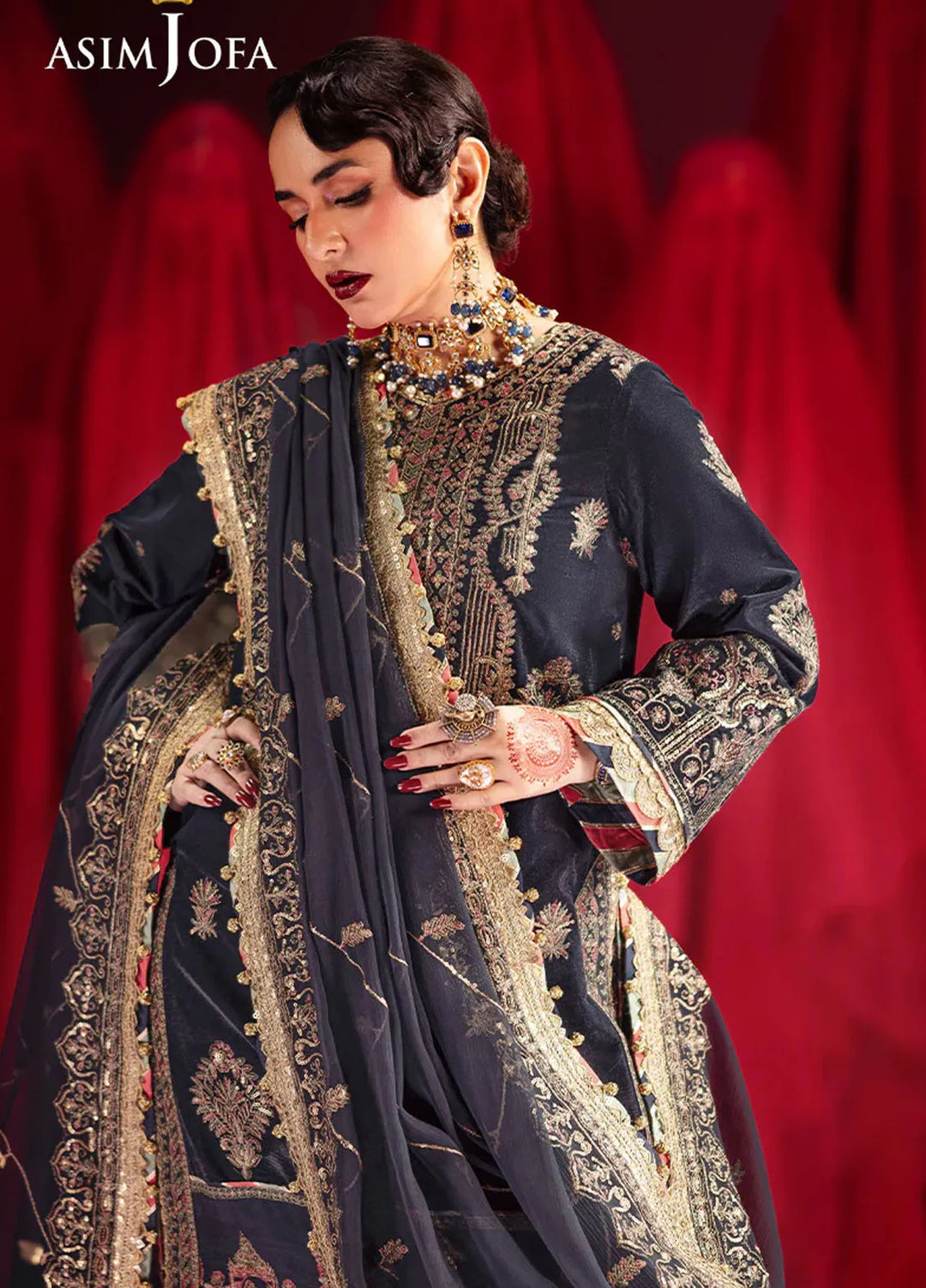 Asim Jofa Embroidered Velvet Suits Unstitched 3 Piece AJ24M AJMV-11 - Luxury Collection