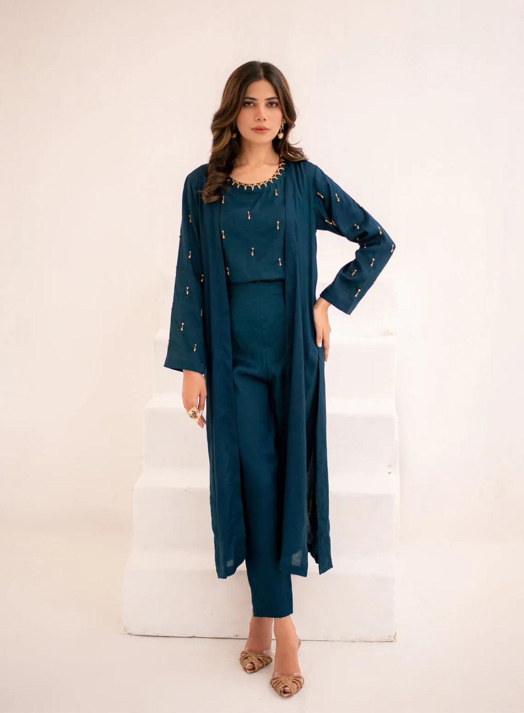 Attire By Maha Pret Embroidered Chiffon 3 Piece Suit Teal