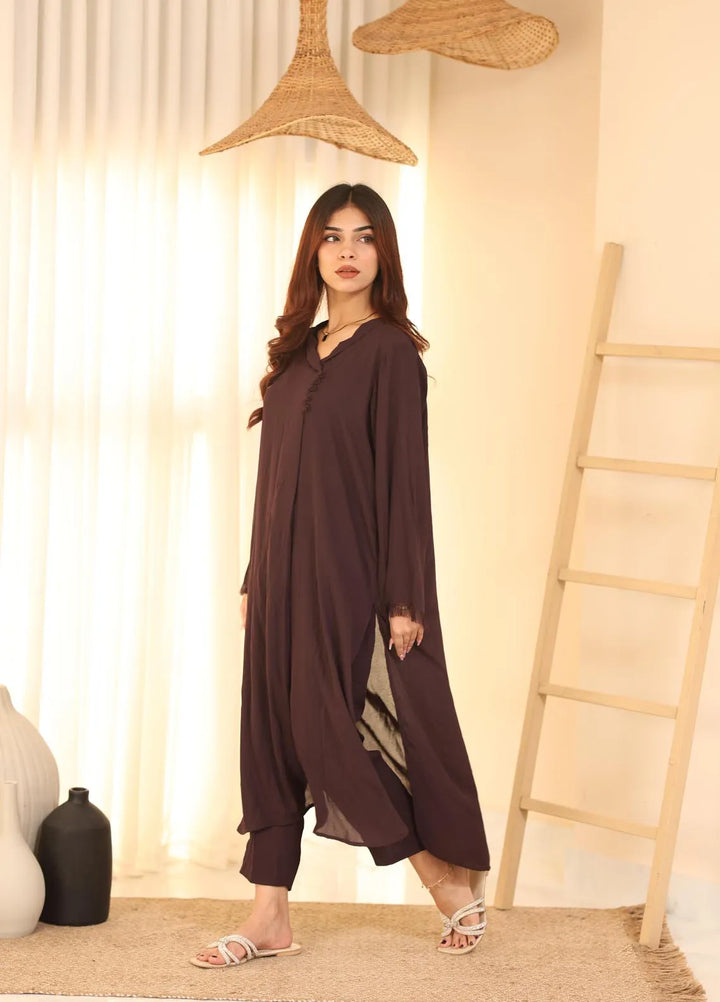Attire by Maha Pret Solid Georgette 2 Piece Suit Burnt Sienna