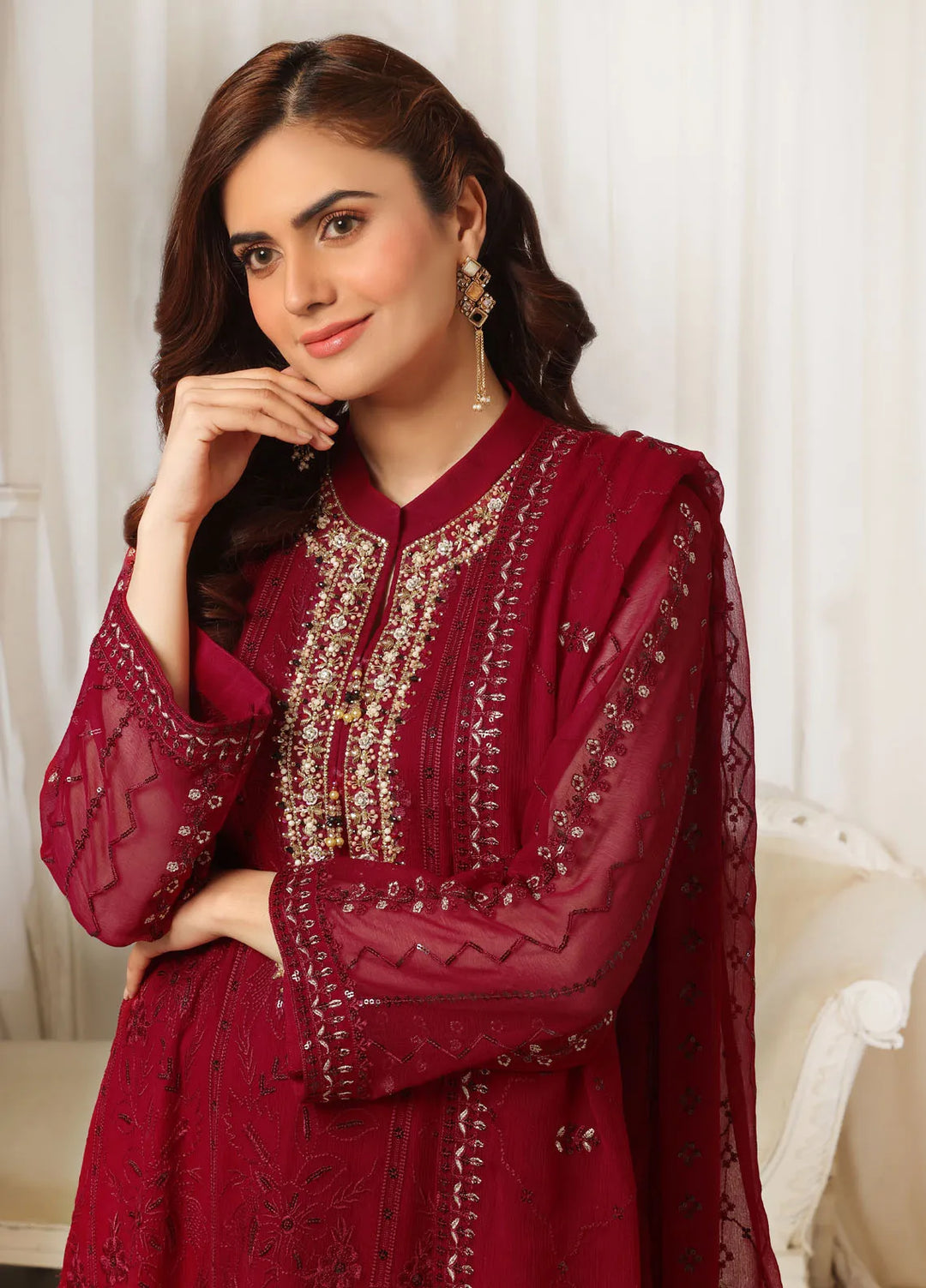 Aura by Shamooz Pret Embroidered Chiffon 3 Piece Suit SEM-0788 Ruby