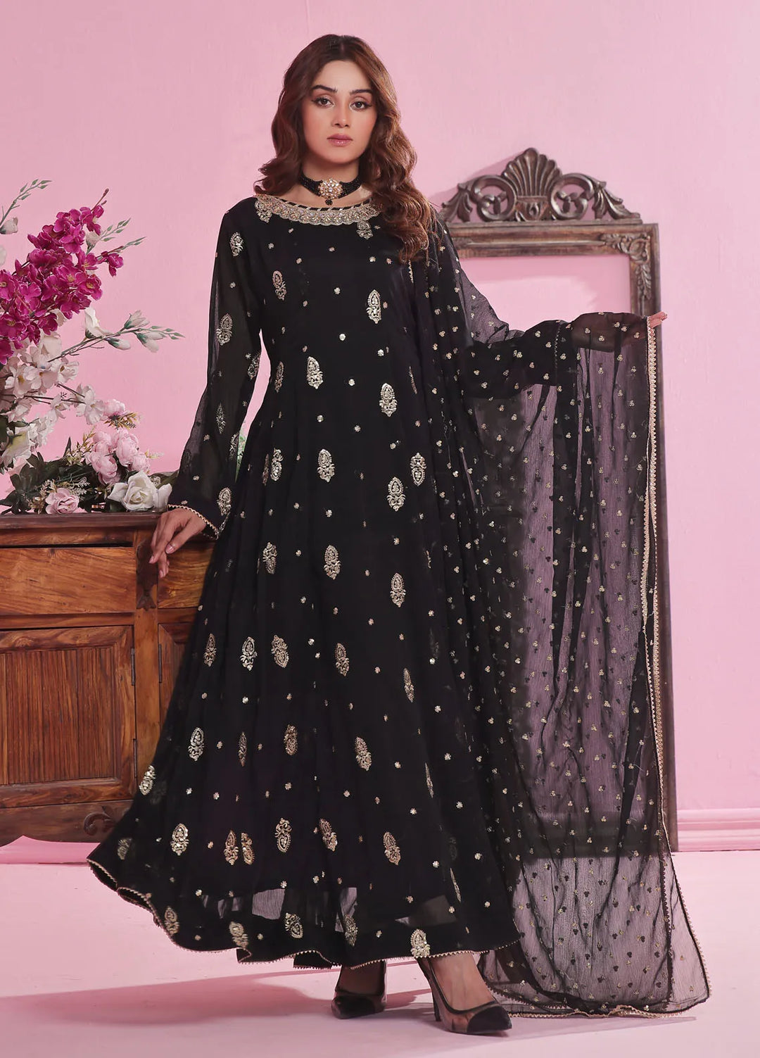 Ayesha Closet Pret Embroidered Chiffon 3 Piece Suit Gulnaar Black