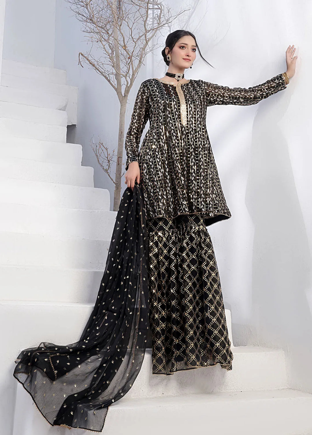 Ayesha Closet Pret Embroidered Chiffon 3 Piece Suit Pershy Gul Black
