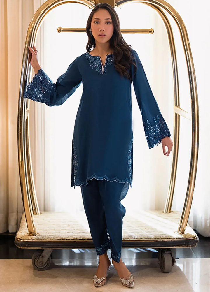 Azure Pret Embellished Raw Silk 2 Piece Suit Cobalt Glow