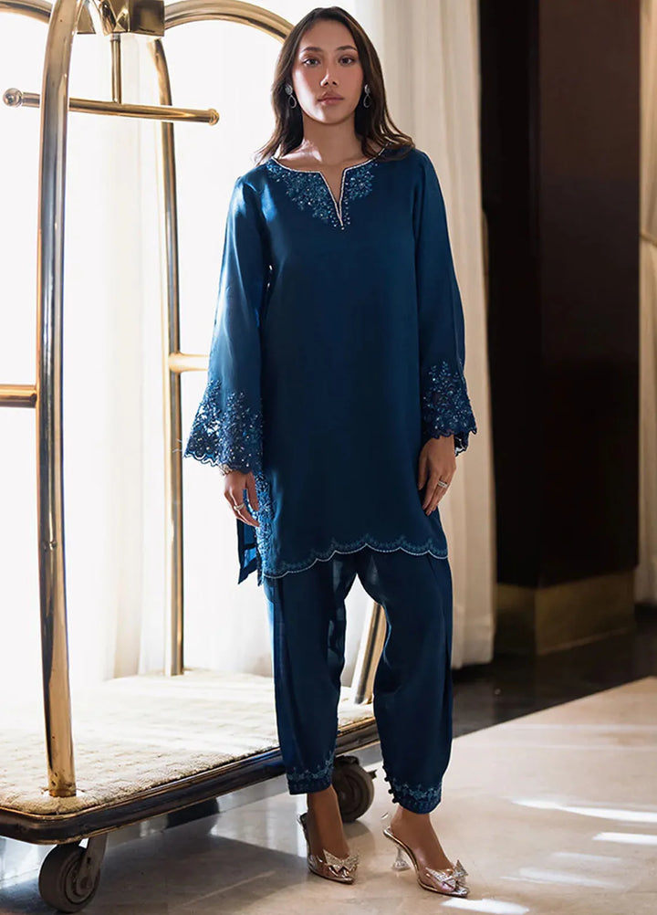 Azure Pret Embellished Raw Silk 2 Piece Suit Cobalt Glow