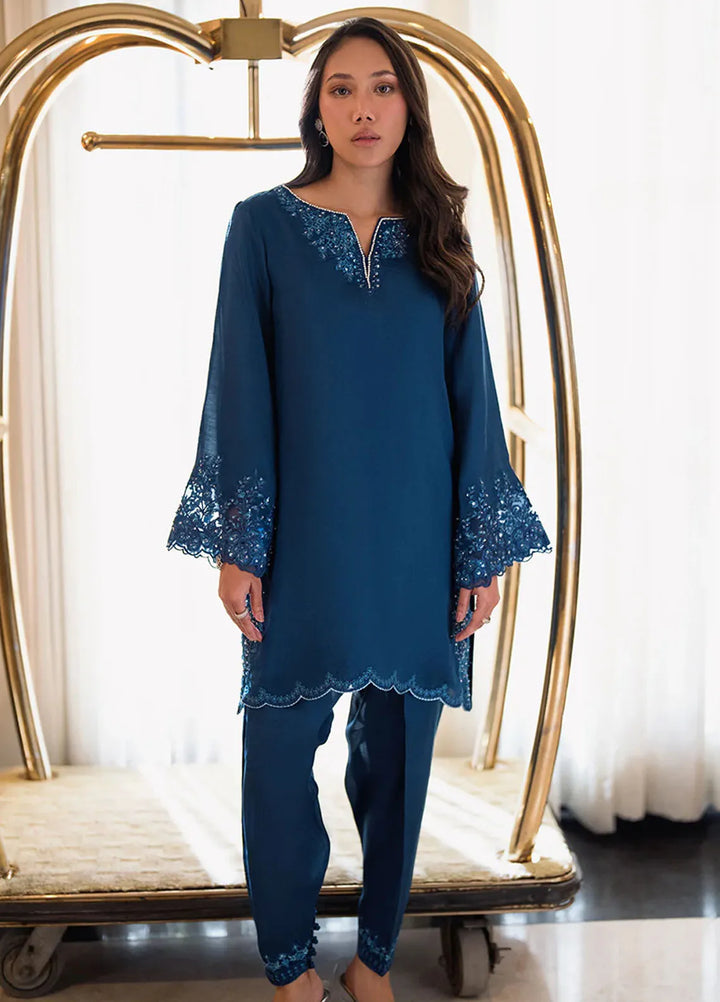 Azure Pret Embellished Raw Silk 2 Piece Suit Cobalt Glow